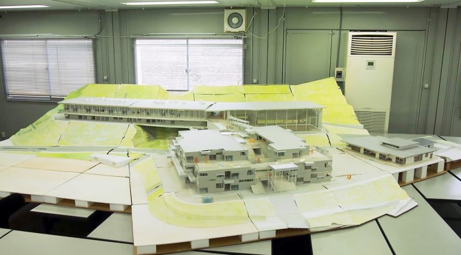 市立鵜住居幼稚園、鵜住居小、釜石東中の完成予定模型