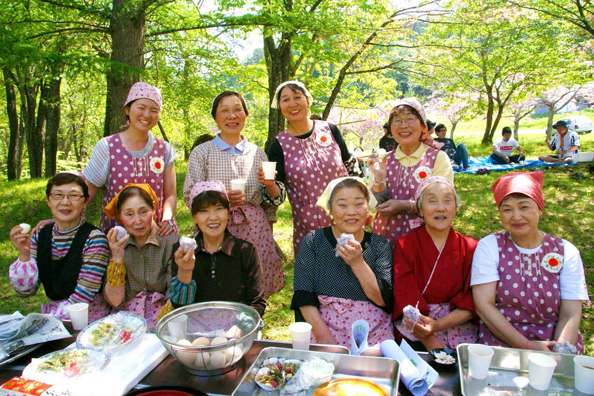 満開の八重桜の下で、季節感たっぷりの郷土料理を味わう研究会のメンバー＝橋野町青ノ木で