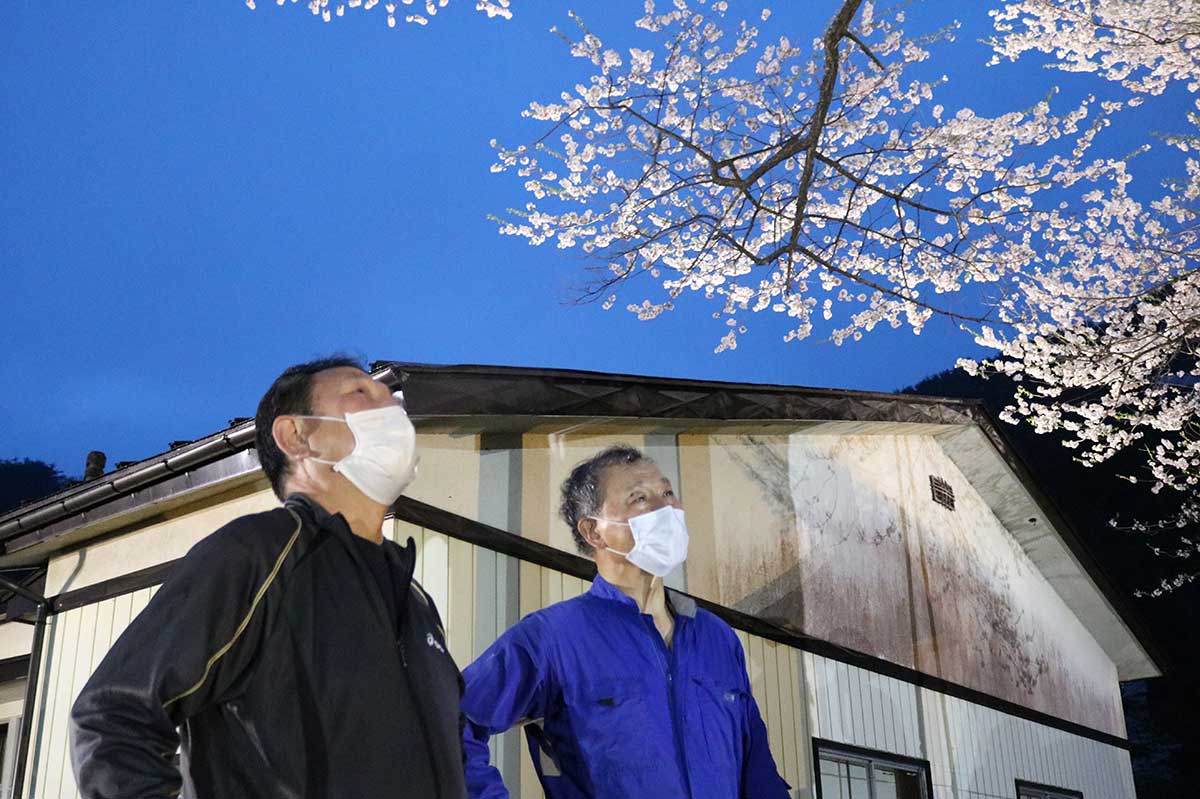 桜の保全に意を強くする上栗林振興会の三浦栄太郎会長（左）と川崎悦三郎さん