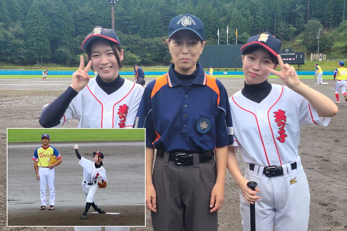 始球式で投手を務めた佐々木唯さん（左）。母美紀さん（中）、妹凜さんも協力。写真提供：釜石市野球協会 