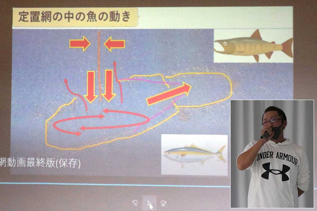 漁師の佐々木崇真さん（右下写真）が定置網の構造や魚の動きについて解説