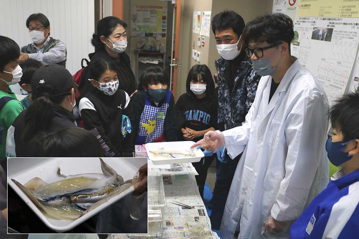 岩大生の小松原昂樹さん（右から２人目）がイカの青い血液について解説