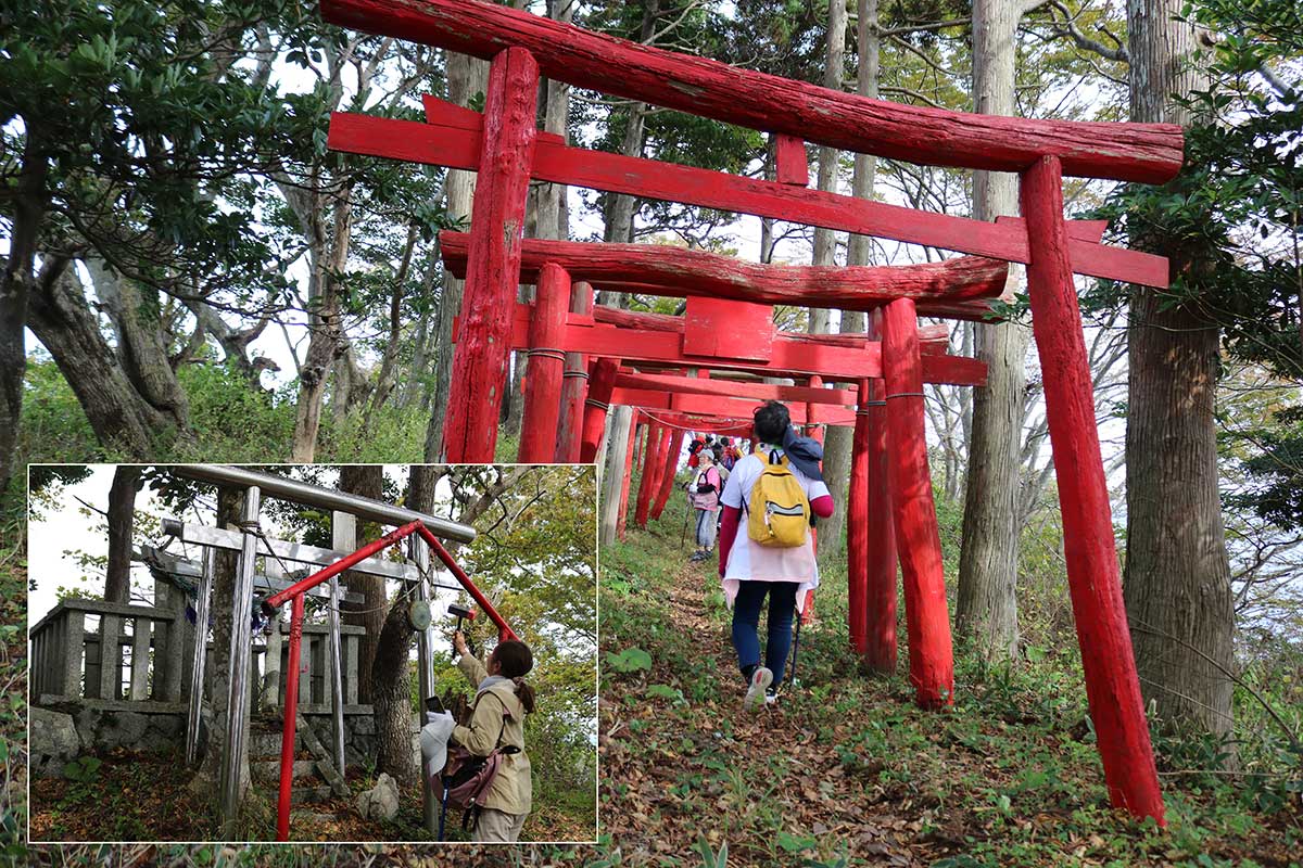 複数の赤い鳥居が目を引く御箱崎神社。参加者はほこらの前で参拝（左下写真）