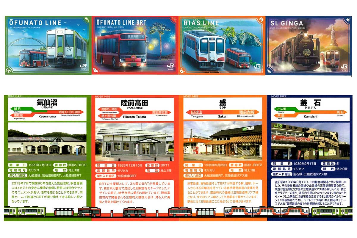 車両と景勝地がデザインされた駅カード4種。裏面のイラストをつなげて交通網の連携を見ることもできる