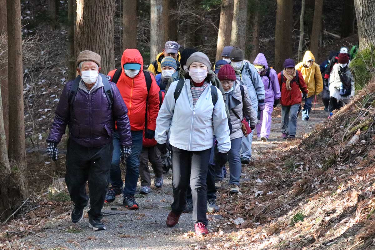 木々が茂る遊歩道を進み八雲神社に向かう参加者