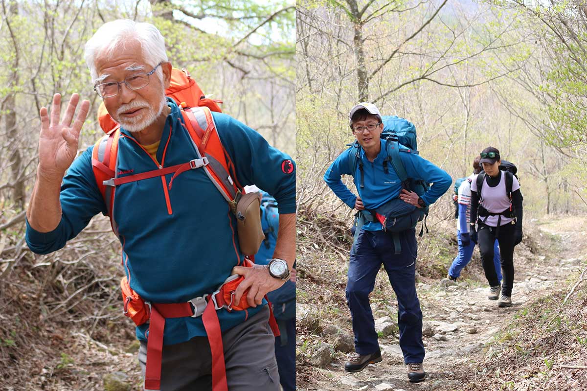 山開きの神事後、山頂を目指し歩みを進める登山者＝4月29日、五葉山赤坂コース