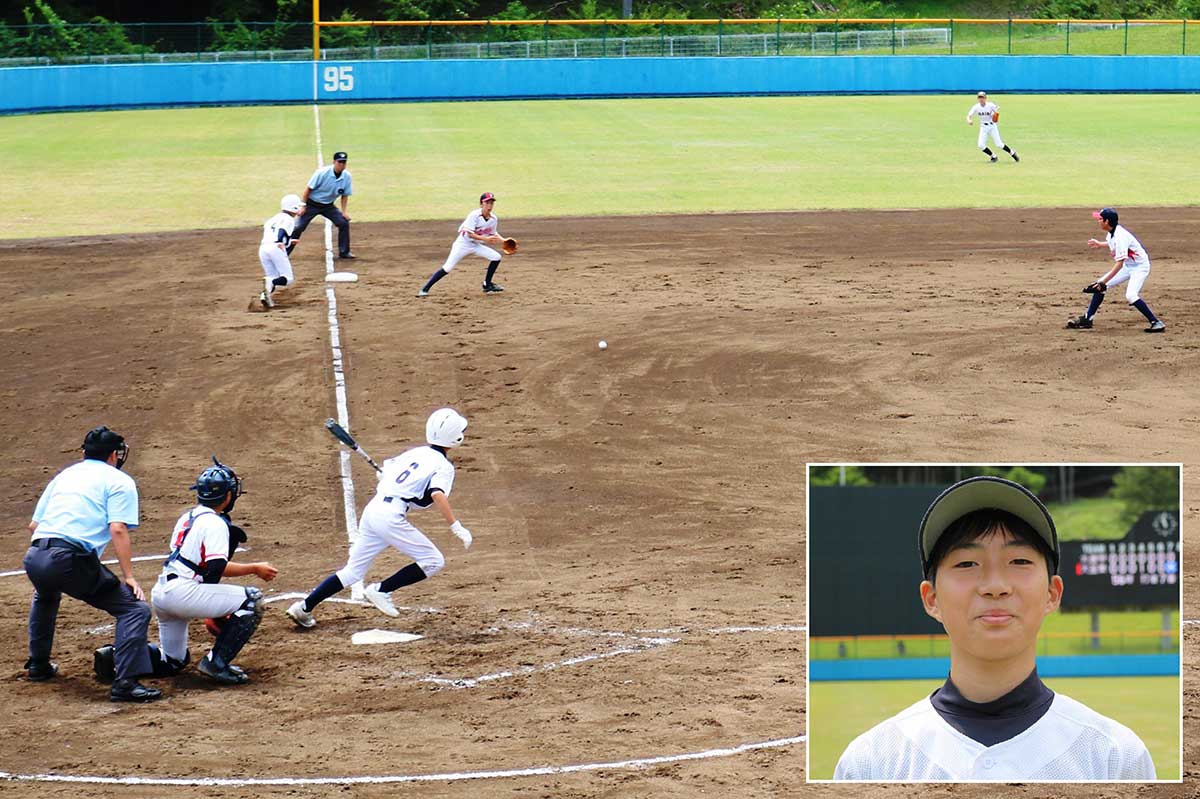 4回裏、大槌・釜石東・釜石合同チームは釜石中２年の川崎頼仁選手（右下写真）のヒットで先制