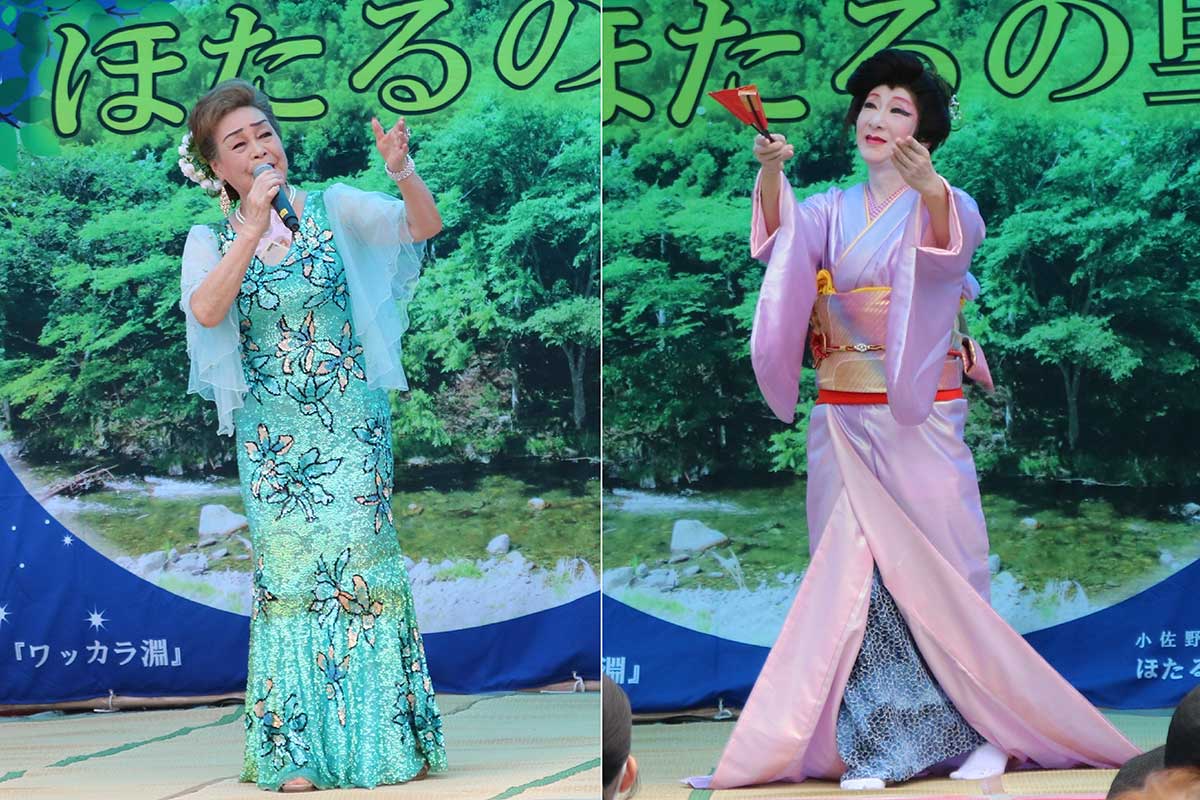 歌で楽しませた尾崎都さん（左）と踊りで魅了した佐々木社中の尚玉泉さん（右）