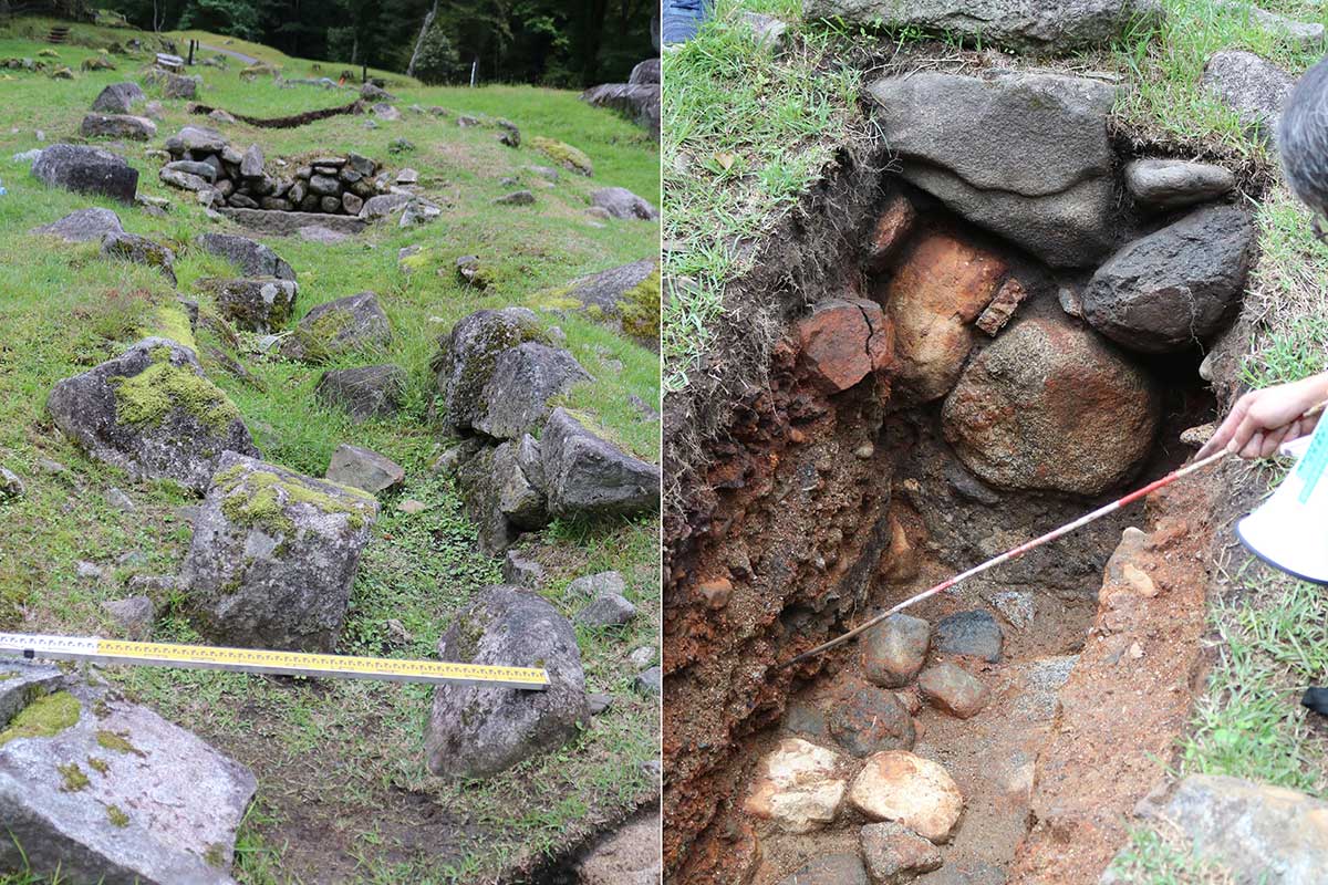 写真左：水路幅は約1.2メートル（場所により増）。同右：発掘した水路内部。鉄分でさびた石などが見える
