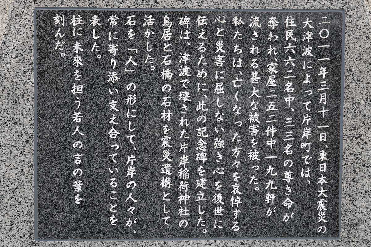 台座の右側に設置された碑文。石材は町民が寄付
