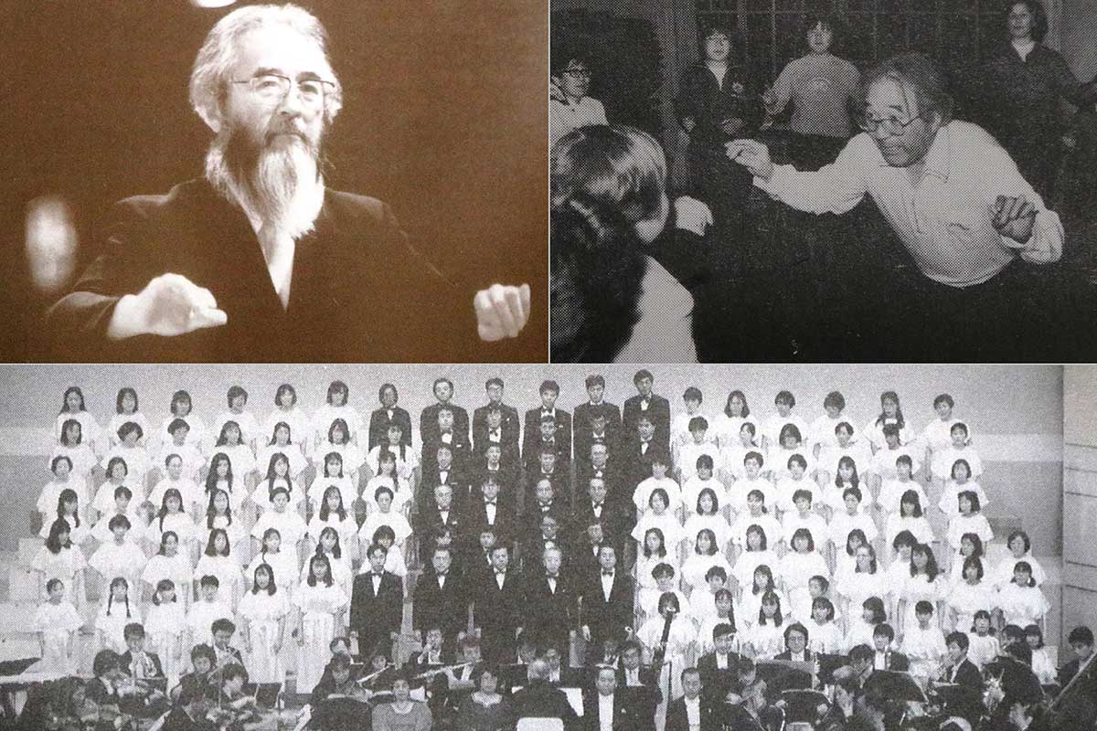 初代指導者・指揮者の渡邊顕麿さん（左上）。合唱指導をする渡邊さん（右上）。釜石市民文化会館で行われていた第九演奏会（1991年、下）＝写真提供：実行委