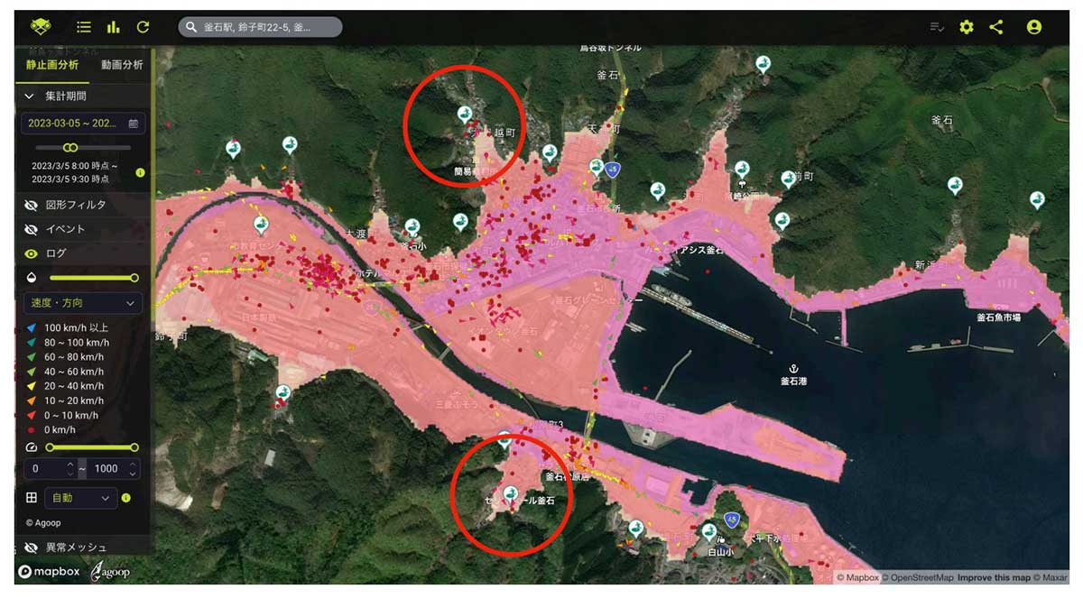 避難行動分析イメージ。釜石市中心部の津波浸水想定にスマホの位置情報を重ねた（Agoop提供）