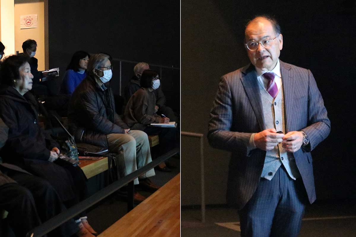 「イギリスの産業革命－日本との差異」と題し講演した鉄の歴史館の小野寺英輝名誉館長（右）