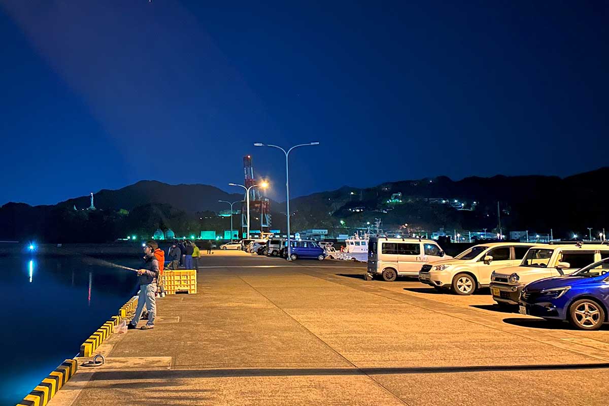 休み前日の夜は釜石港にも釣り人の姿や車がずらり