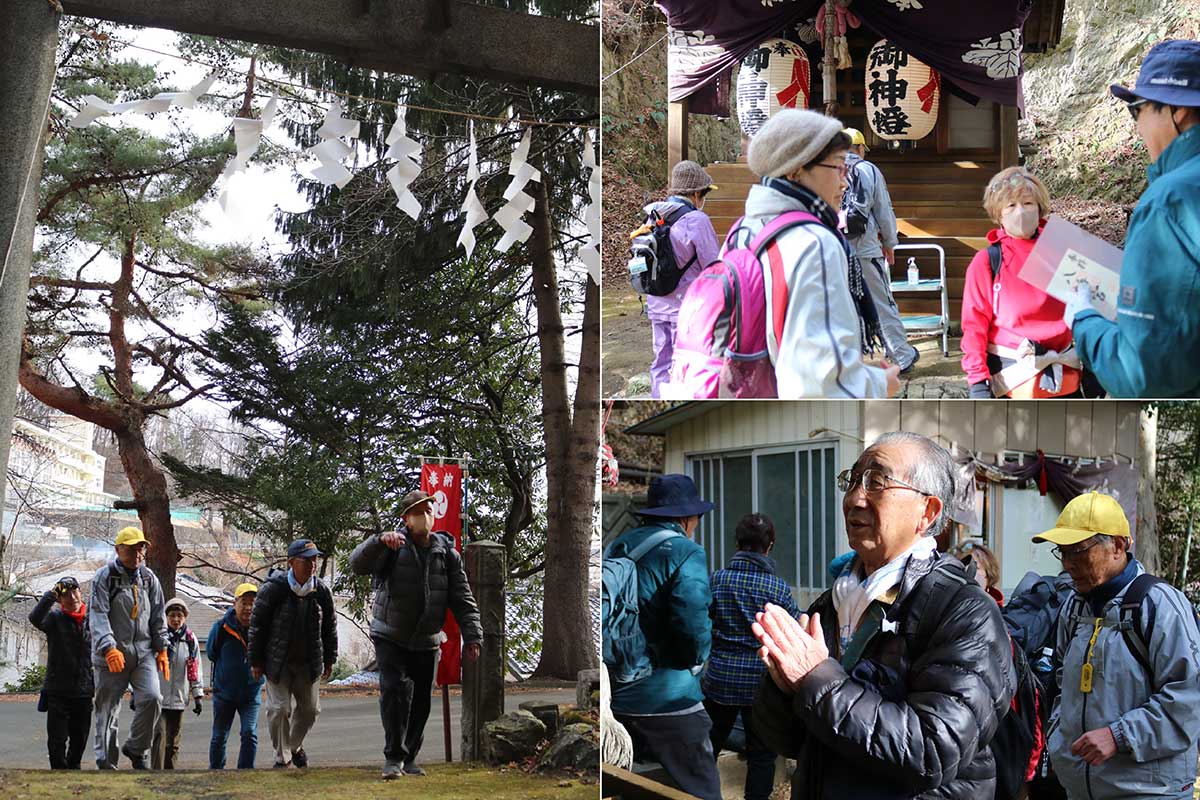 大渡町の八幡神社に到着。急な石階段を上った先にある社の前で参拝