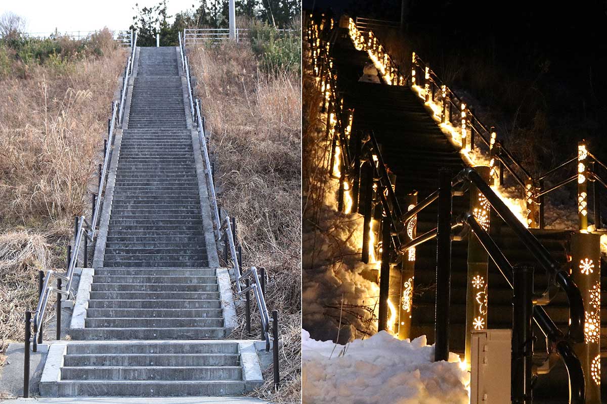 キャンプ場から高台の市道に上がれる津波避難階段（左）。昨年の竹灯籠の点灯（右）