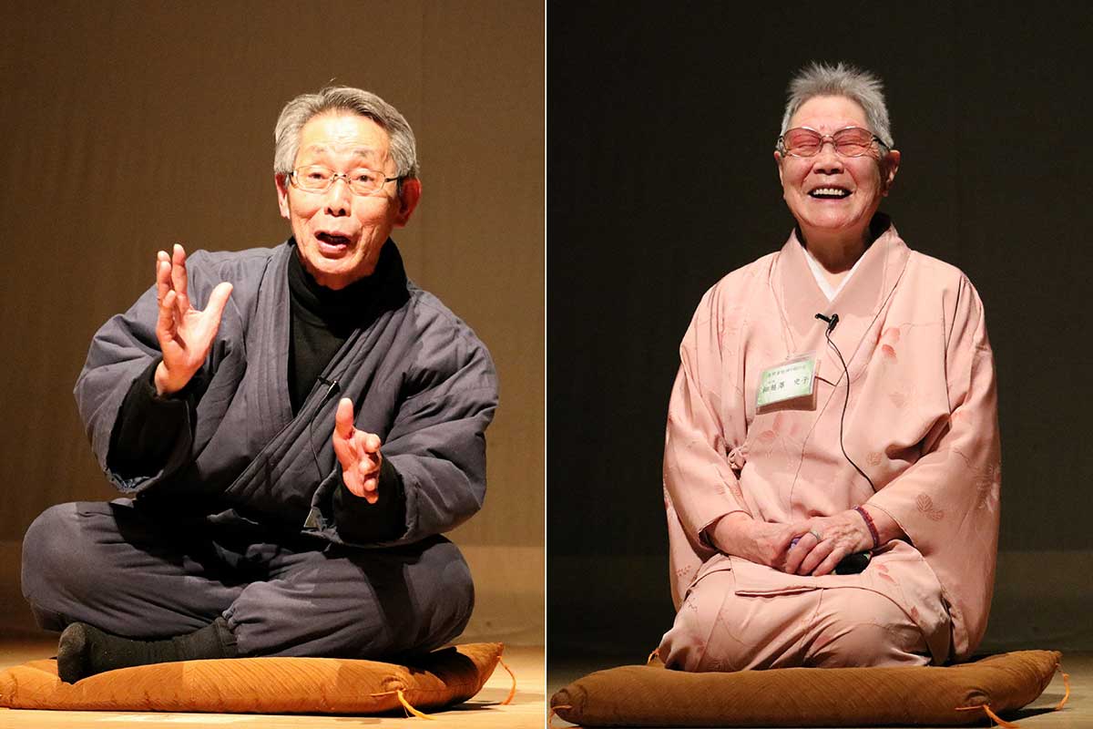 “民話のふるさと”遠野市からは細越澤史子さん（右）と堀切初さんが出演。熟練の語りで観客を魅了