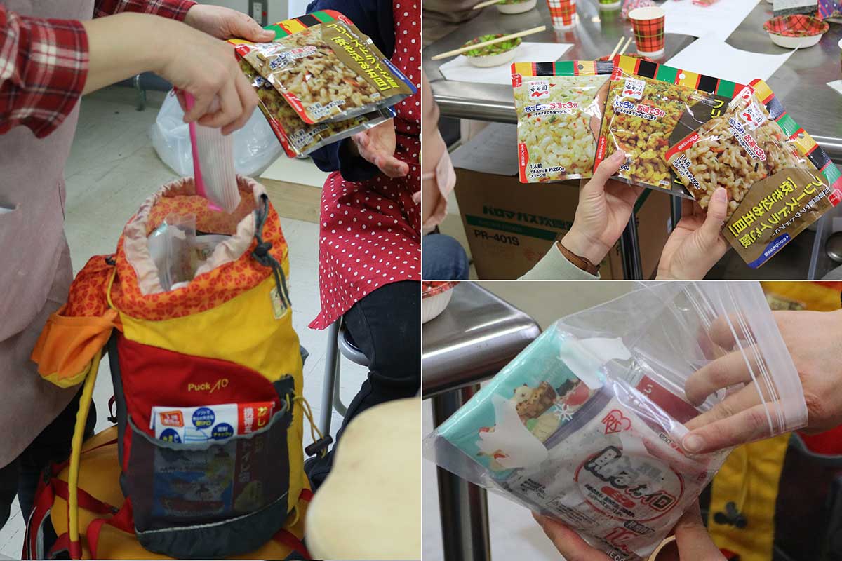 講師の櫻井さんは自身の子の避難バッグを紹介。必要と思うものを子どもが自分で詰めたという