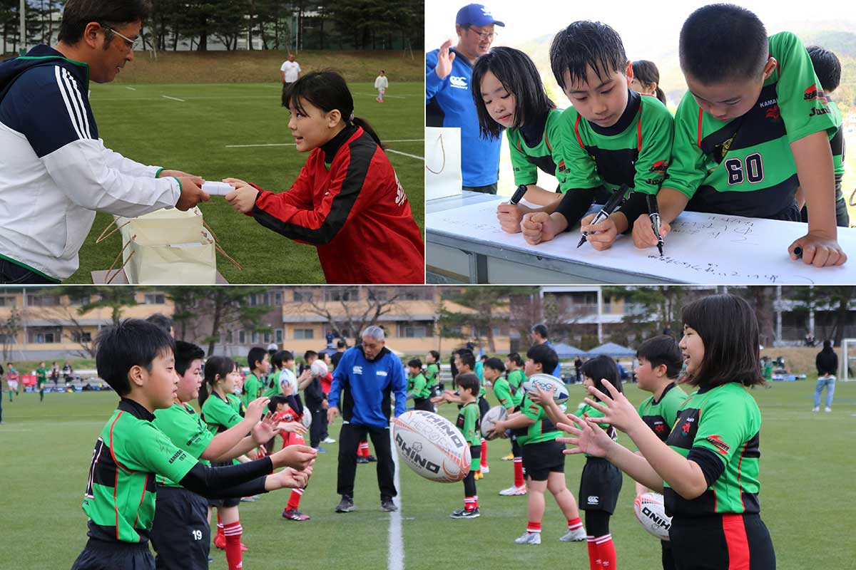 写真左上：大和田崇士保護者会長から開校式恒例「ラグビーまんじゅう」の贈呈。写真右上：本年度の目標を寄せ書きする団員ら
