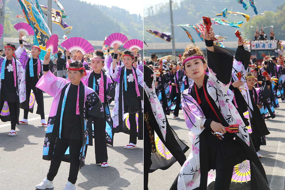 本郷の手踊りは内外にその名を知られる「桜舞太鼓」と。桜模様の長ばんてんで春満開