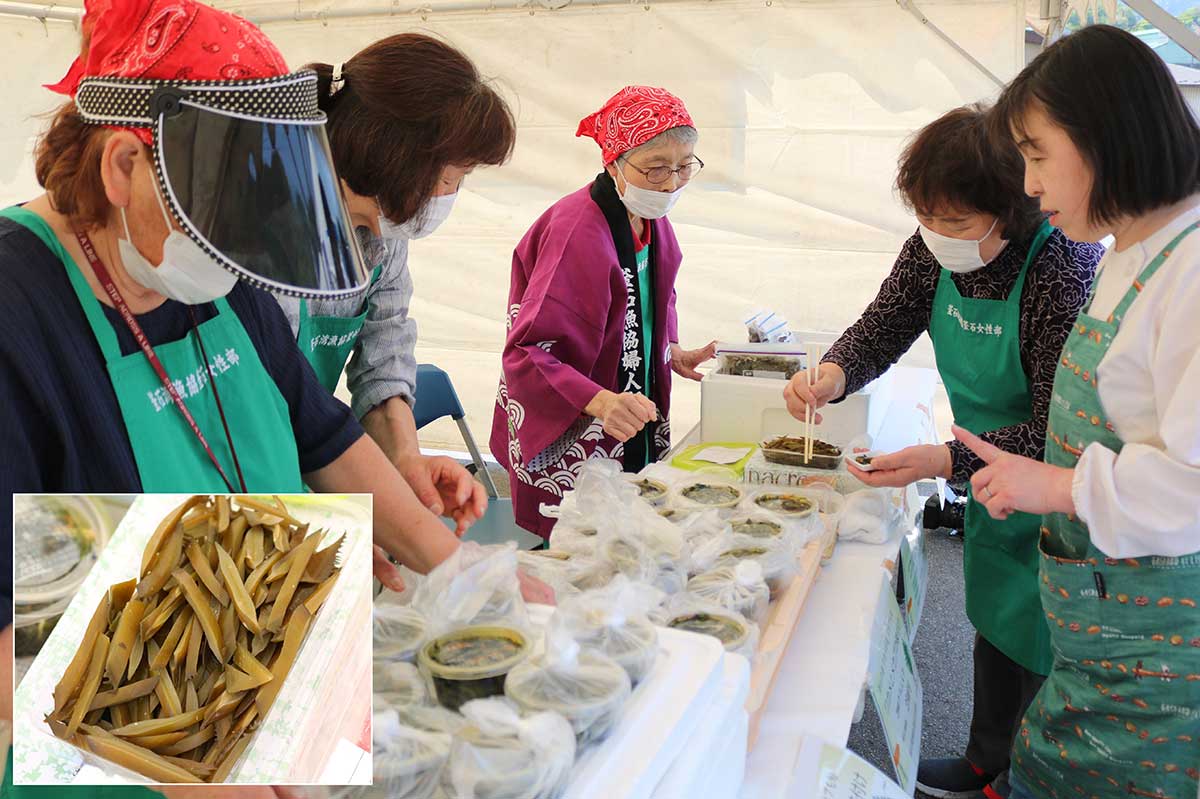 釜石湾漁協釜石女性部はワカメやメカブの加工品を販売。ご飯のお供、おつまみに…