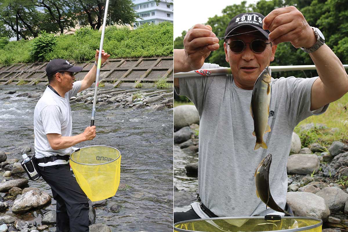 こちらの方は鵜住居川から甲子川へ“はしご”。到着早々、立て続けに2匹を釣り上げた