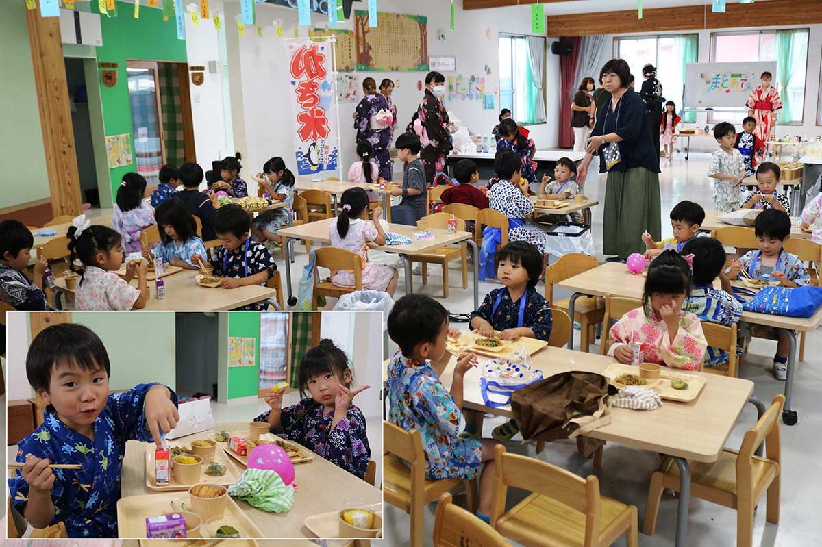 昼にはお祭りメニューの給食をバイキングで…。楽しい雰囲気に箸も進む