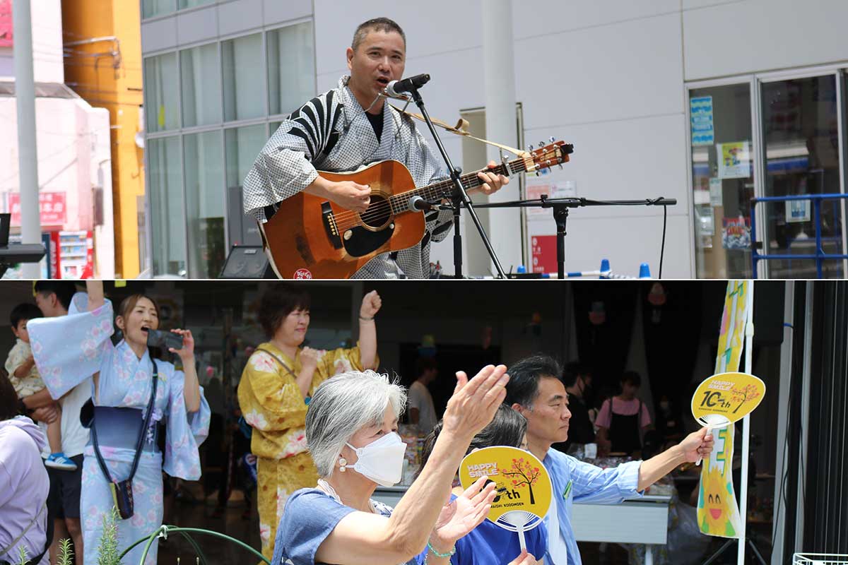 松倉の仮園舎時の夕涼み会で歌を披露したボランティアも駆け付けた