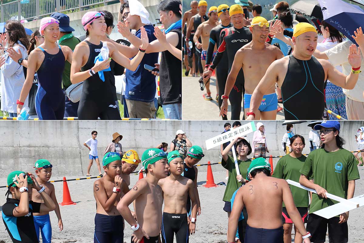 観戦者らとハイタッチを交わしスタート地点に向かう選手（写真上）。500メートルに挑む小学生はちょっぴり緊張（同下）