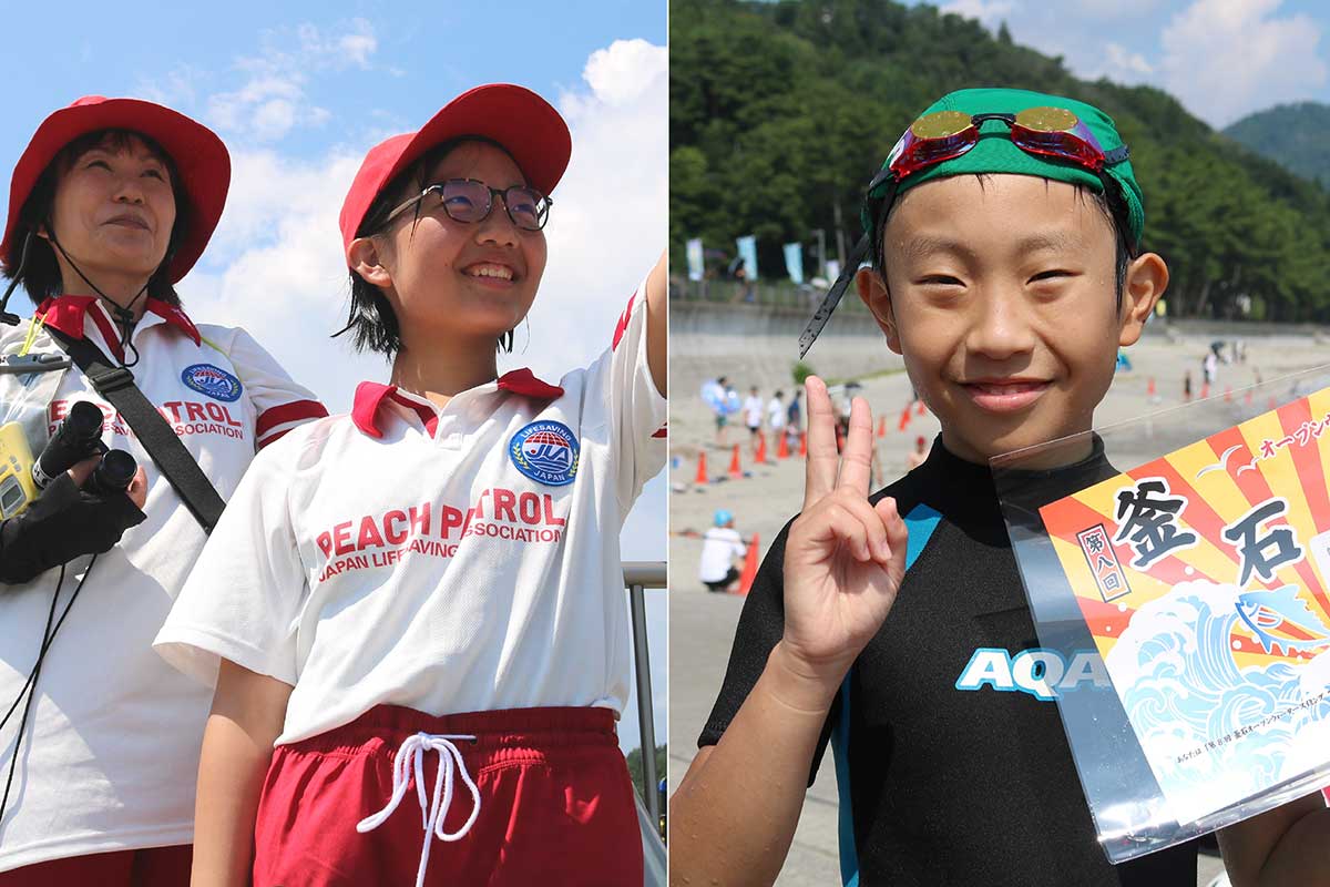 釜石ライフセービングクラブに所属する佐藤向さん（右）と姉の花さん（中）。左は母佐英子さん