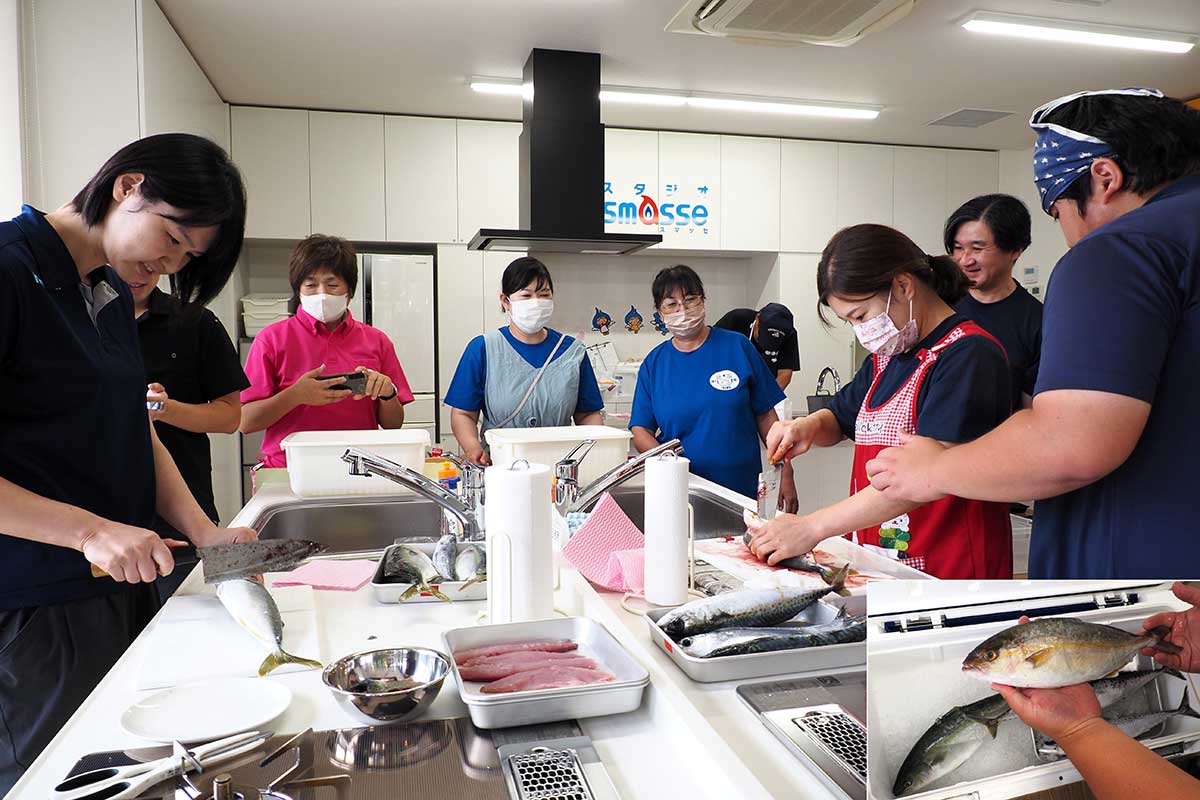 未利用魚（右下写真、カンパチなど）を使ったさばき方教室