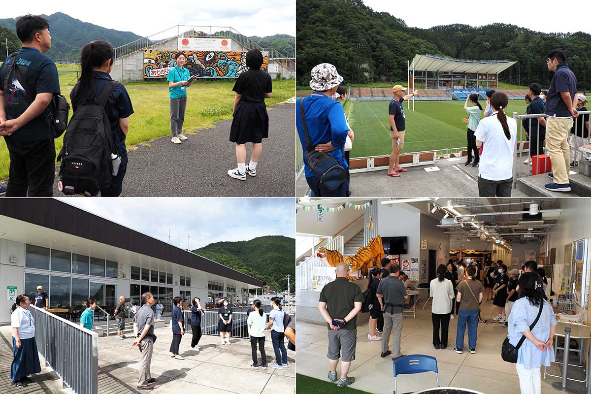 釜石鵜住居復興スタジアム（写真上部）や魚河岸テラス（同下部）を見て回った