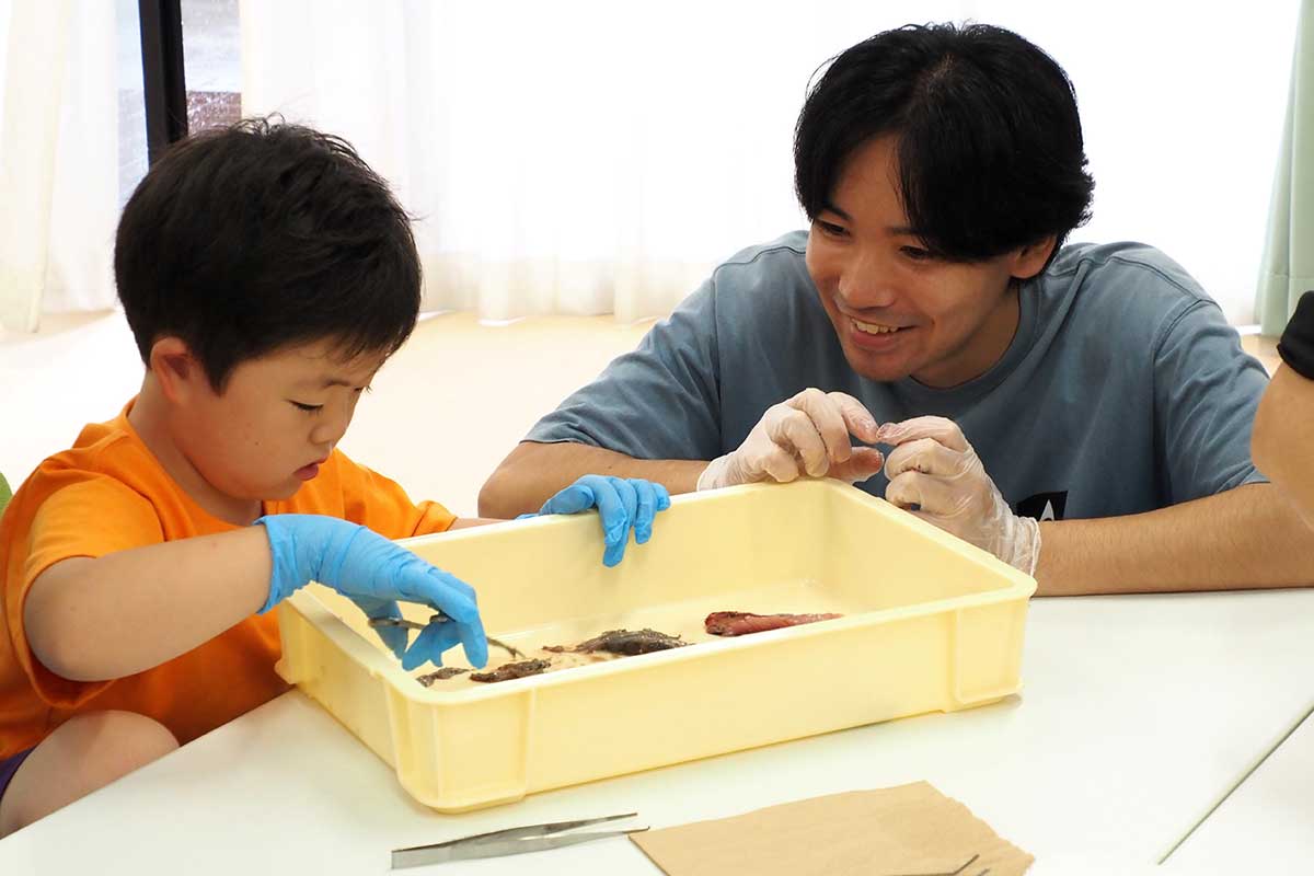 夢中になる子どもの姿に講師役の学生も笑みをこぼす