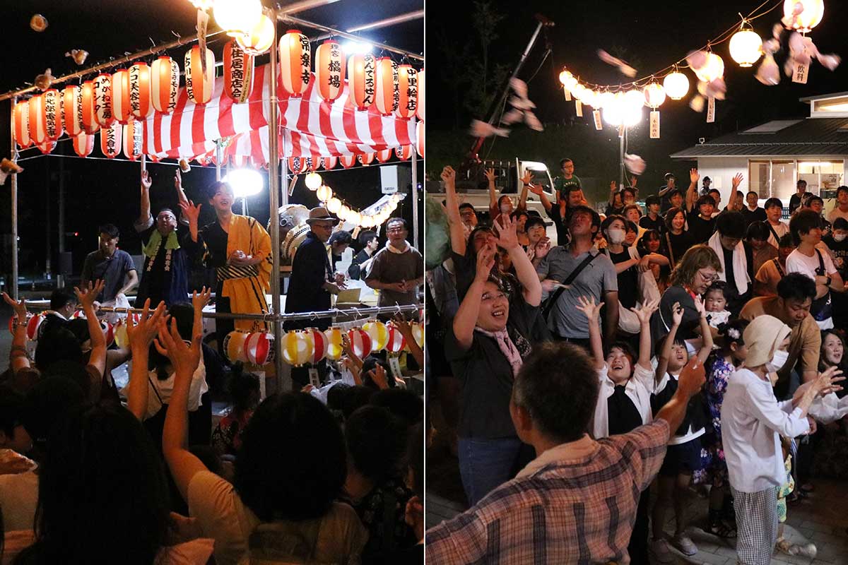 釜石のイベントの締めはやっぱり「餅まき」。パンや菓子も宙を舞った