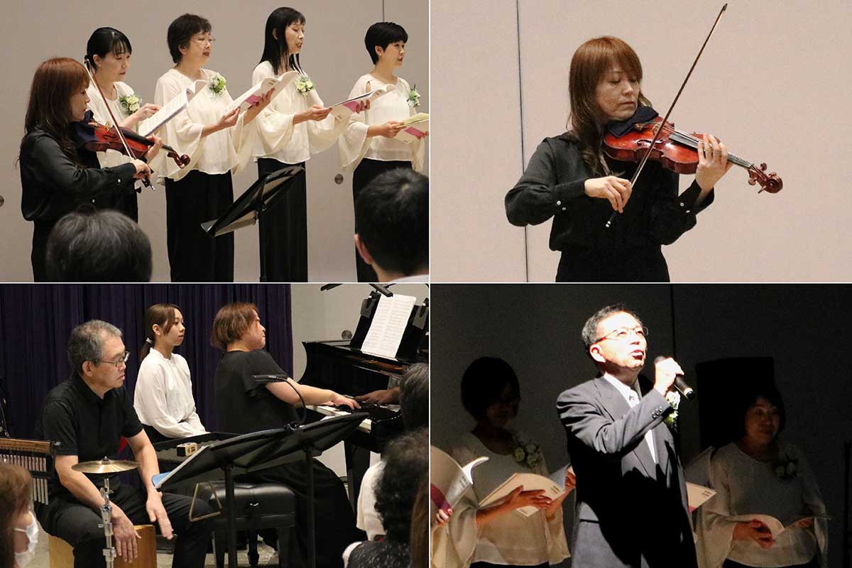 ゲストの伊禮しおりさんはバイオリンの独奏のほか合唱曲でも共演（写真上）。ピアノ伴奏は佐々木洋子さん、パーカッションは村井大司さん（同左下）。佐藤裕さんは詩を朗読（同右下）