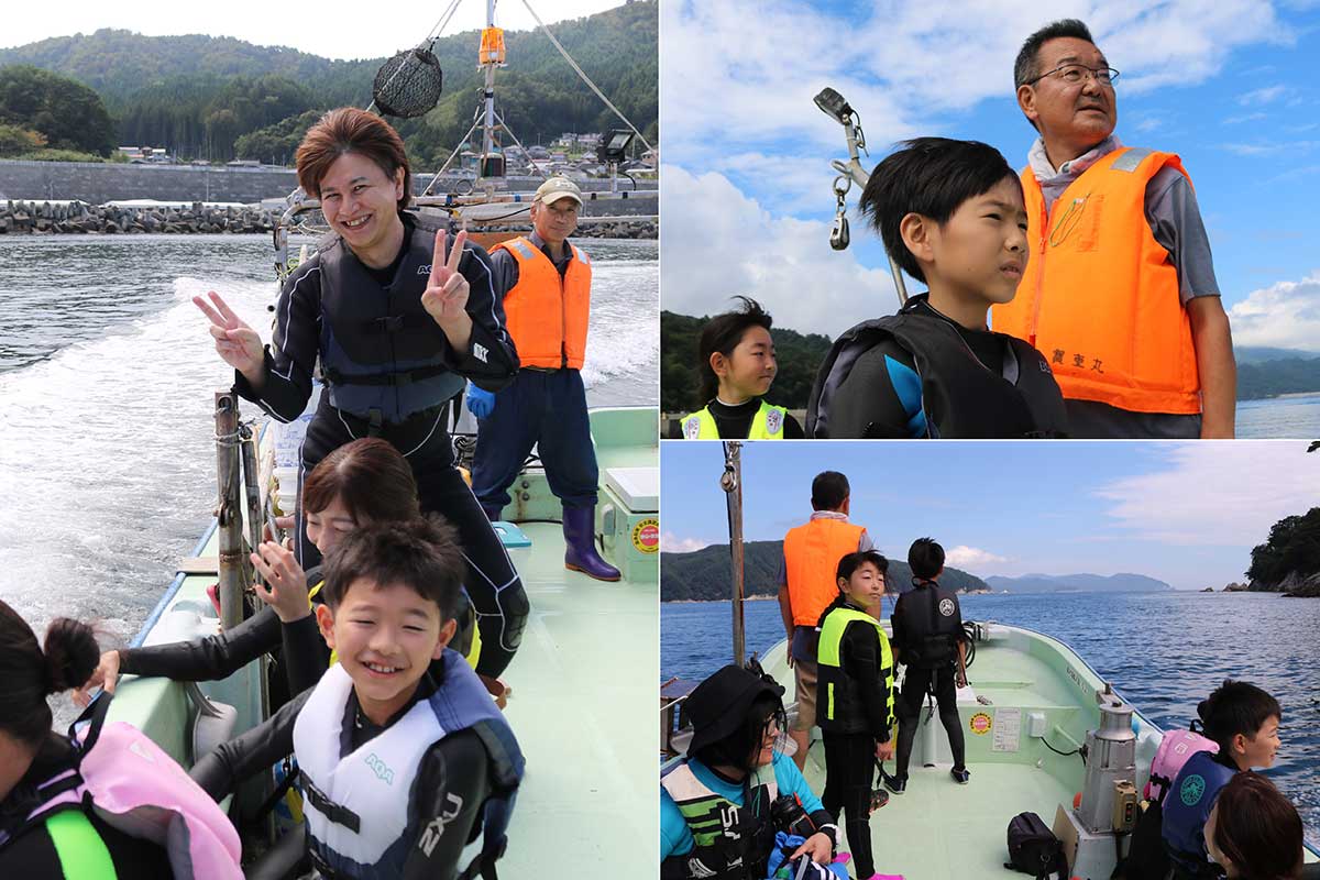 白浜漁港から地元漁師の船で“小白浜”に向かう