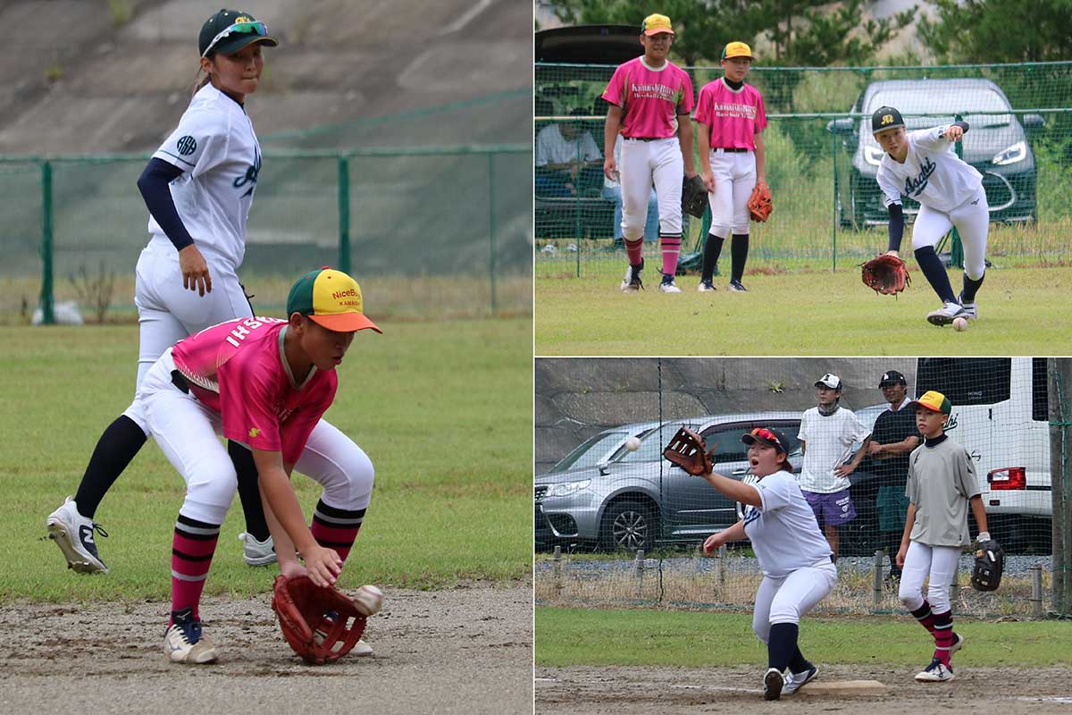 社会人選手のプレーのうまさに目がくぎ付け（写真右）。中学生も負けじと頑張る