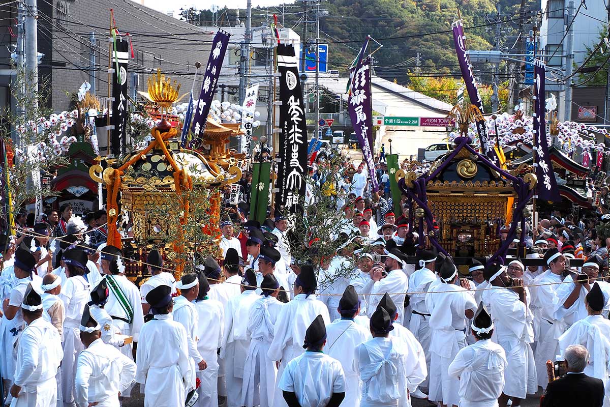 薬師公園御旅所に入る尾崎神社の六角大神輿と山神社の神輿（右）