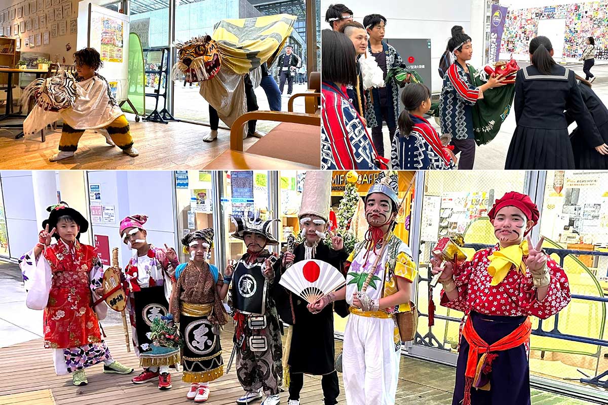 k虎舞、神楽、七福神…門打ちで祭り気分を盛り上げる芸能団体