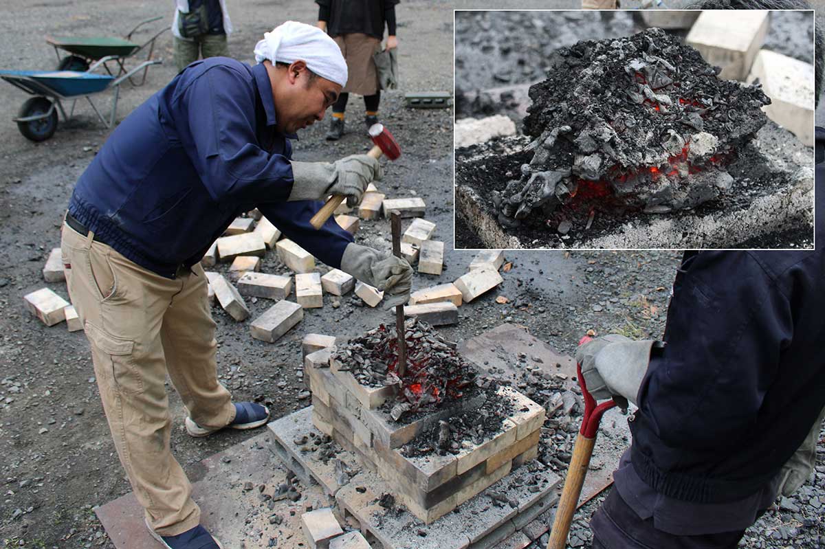 炉底には「ケラ」（写真右上）と呼ばれる鉄の塊ができていた