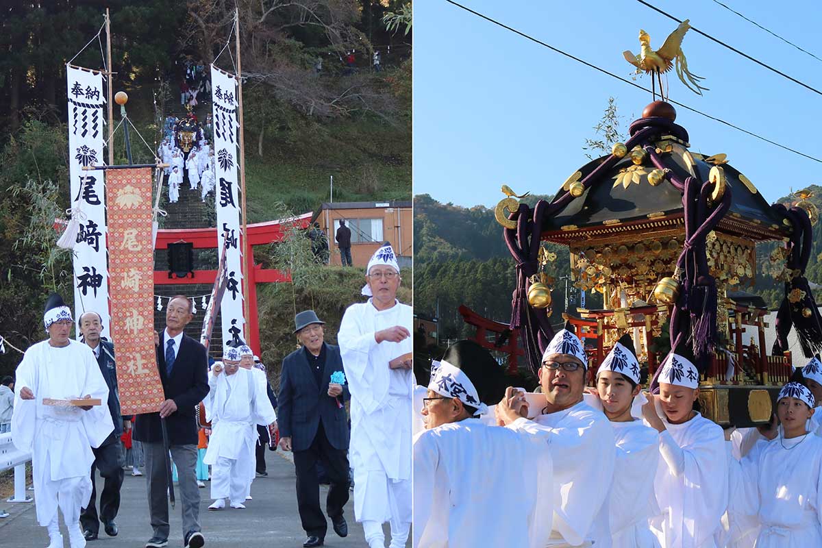 高台の神社からご神体を乗せたみこしが出発