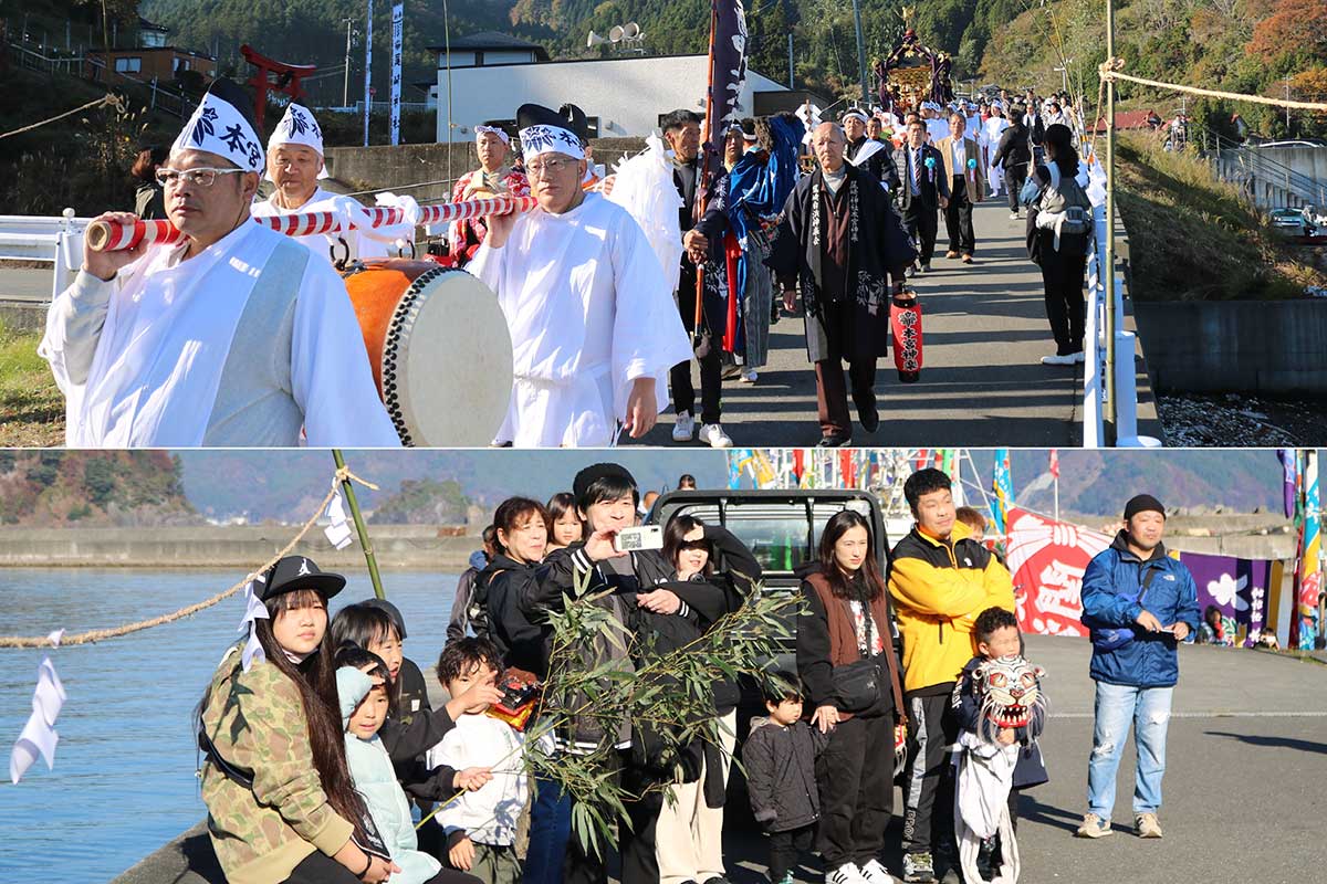 尾崎白浜漁港に向かう祭り行列。漁港では多くの人が行列を出迎えた