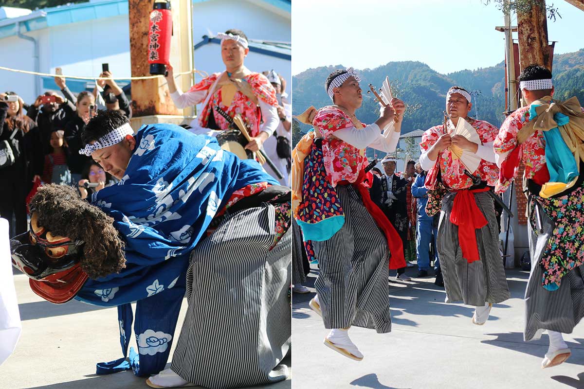 漁港ではみこしを前に「尾崎神社本宮神楽」が踊りを奉納