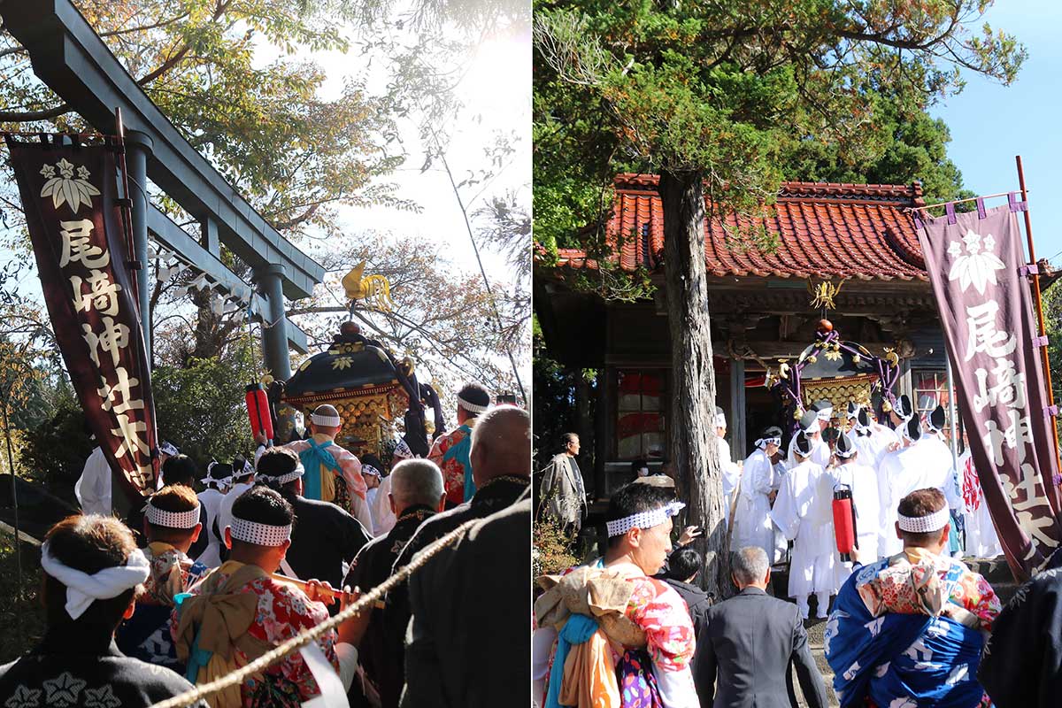 地区を見下ろす高台にある尾崎神社本宮。尾崎半島のさらに先には奥宮と奥の院がある