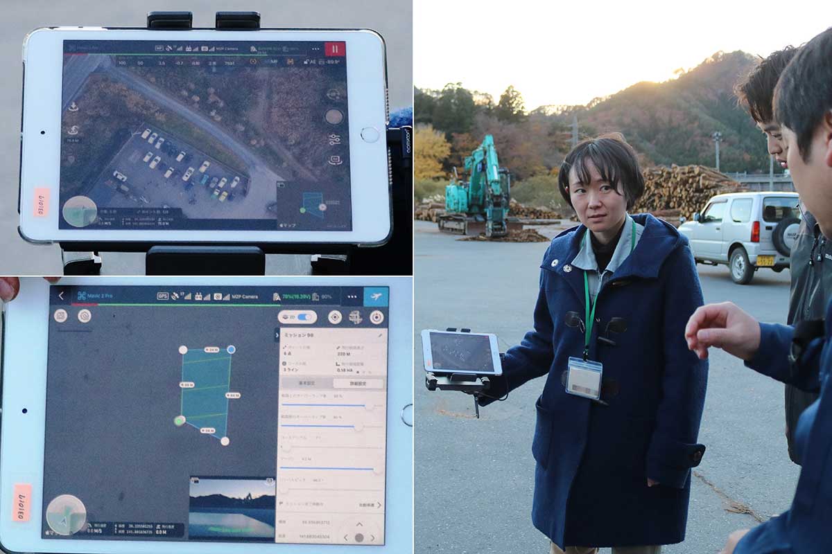 ドローン撮影の空中写真を基にした計測データ（写真左）を示す県林業技術センター専門研究員の中軽米聖花さん（写真右）