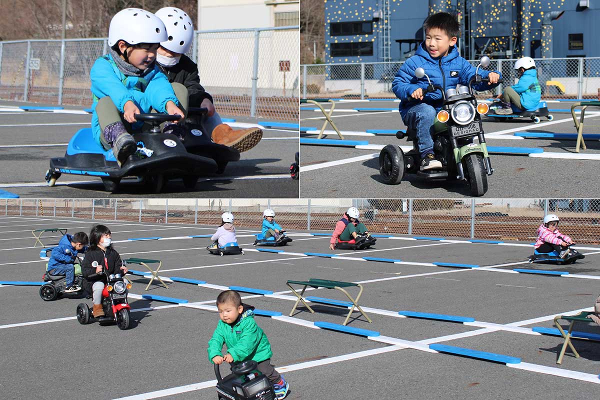 シープラザ釜石西側駐車場に設けたコースで電動カートなどを走らせる子ども