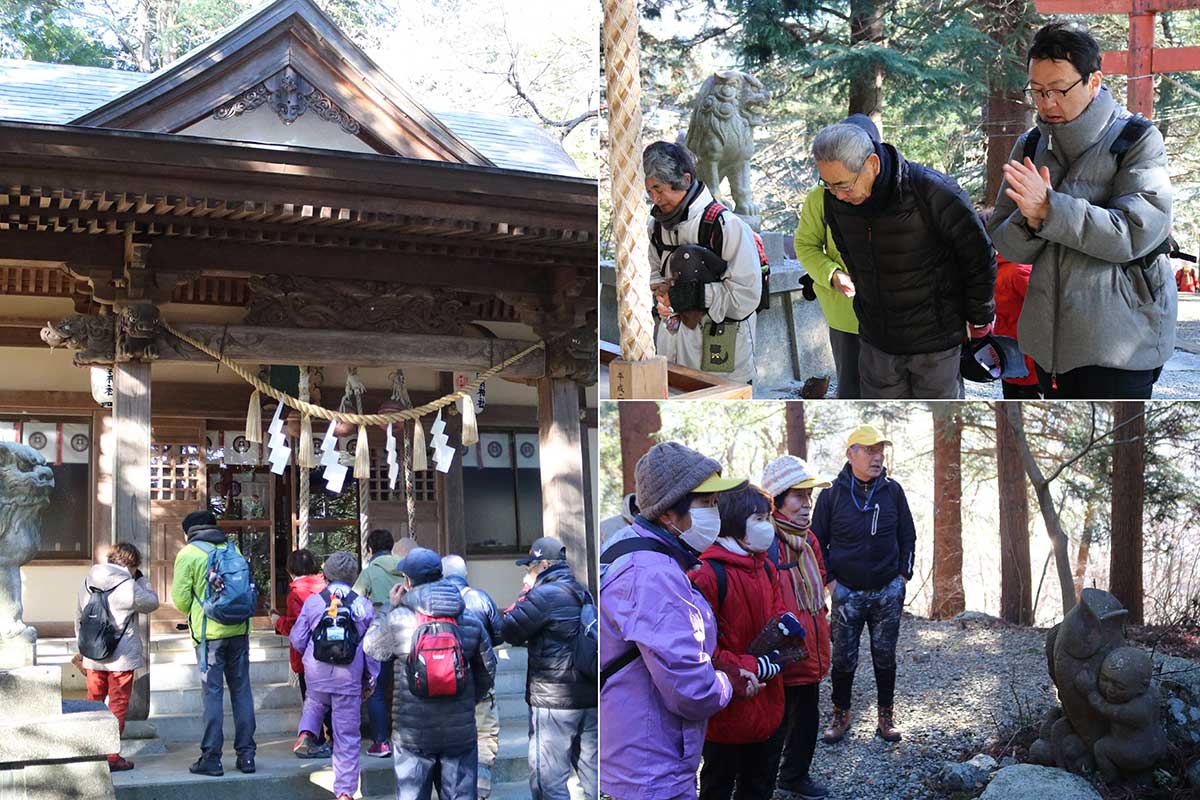 最初に訪れた八雲神社。1年の無事を祈る。境内にある石像にも興味津々（写真右下）