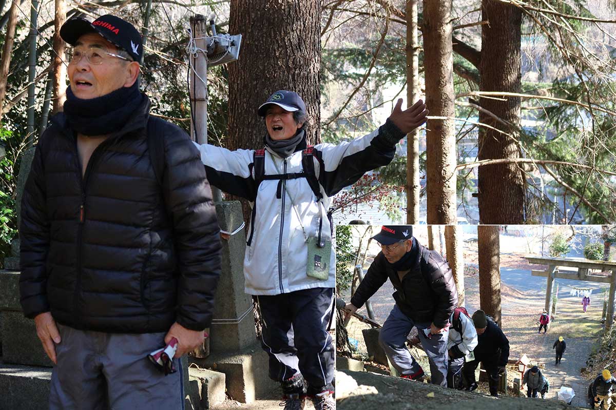 きつい勾配の石階段を上り切りこの表情！＝八幡神社（大渡町）