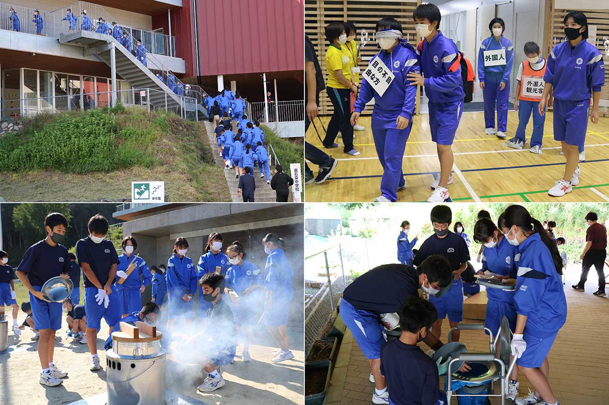 釜石東中、鵜住居小合同で行われる総合防災訓練。（左上から時計回りに）高台避難、避難者誘導、仮設トイレ組み立て、炊き出し＝資料写真（2021年撮影）