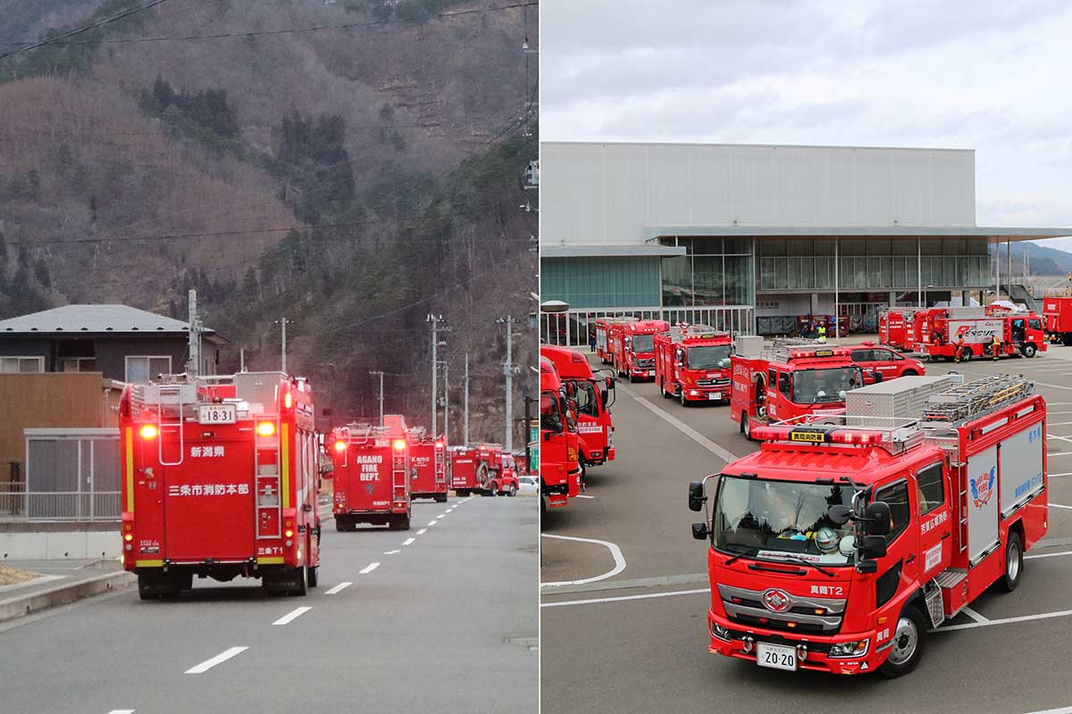 次々に出発する消防車両。釜石北インターチェンジから三陸沿岸道路に入り大船渡市へ向かう